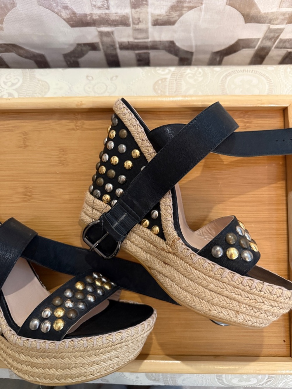 Black Studded Espadrille Platform Sandals - Steward Weitzman 8 1/2